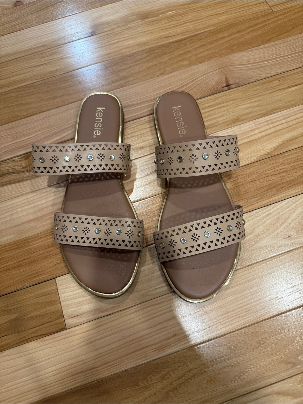 Kensie Beige Laser-Cut Double-Strap Slide Sandals with Studs